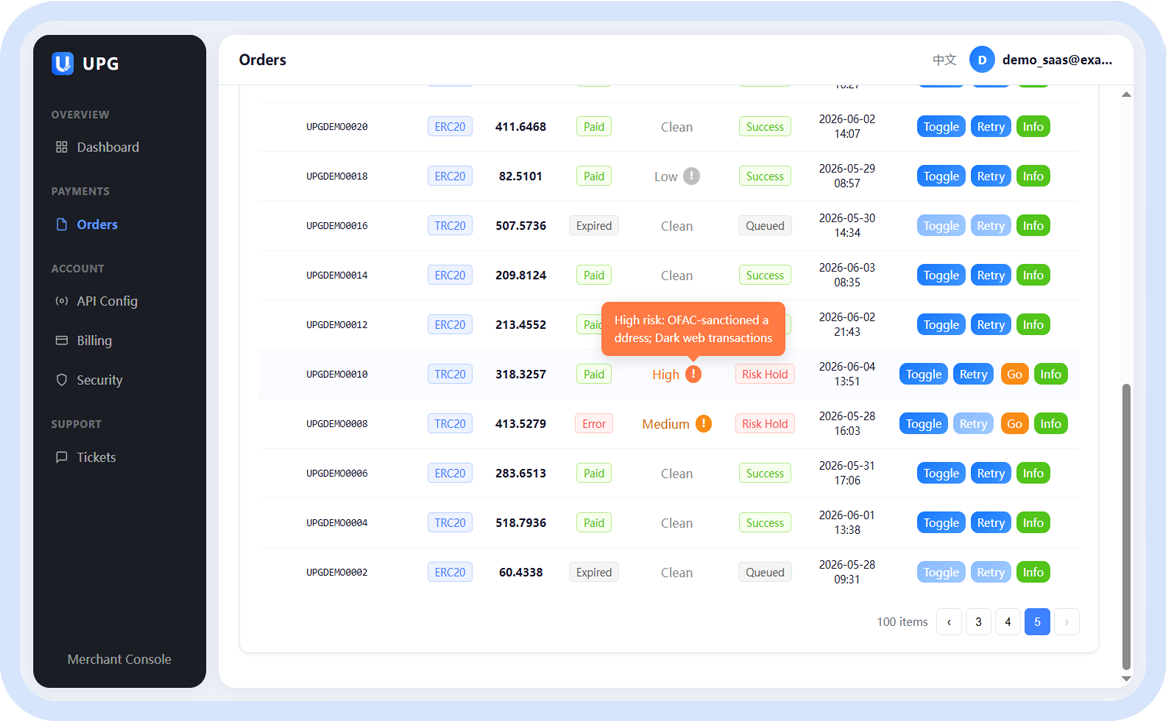 Risk scoring on payer addresses protects your wallet in real time